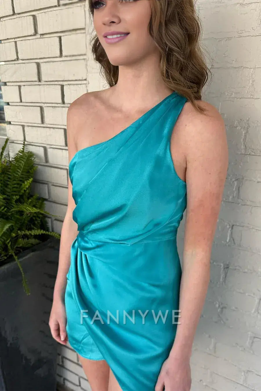 FannyWe Elegant Jade Faux-Wrap One Shoulder Satin Homecoming Dress formal wear dresses